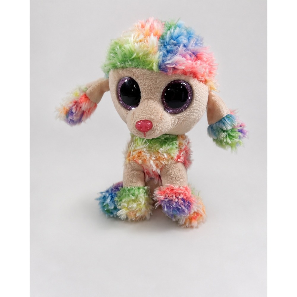 TY Beanie Boos Rainbow Poodle Dog 6 Inch Multicolor Glitter Eyes Plush